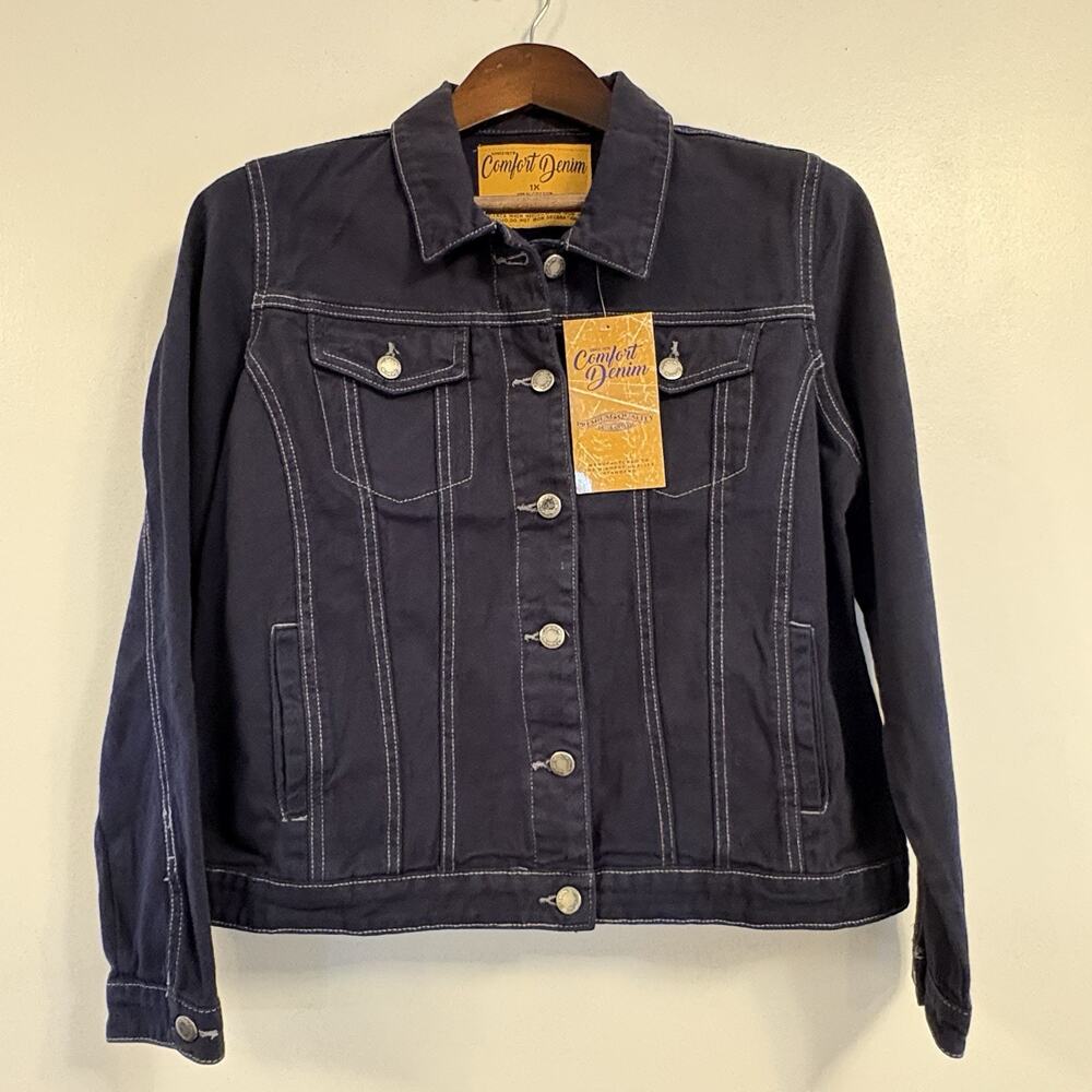 Comfort Denim Women’s 1X Navy Blue Denim Jean Jacket NWT 100% Cotton Trucker